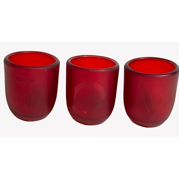 Red Frosted Glass Votive Candle Holders Set Of 3 Embossed With "JOY" Etching NEW - Picture 4 of 8